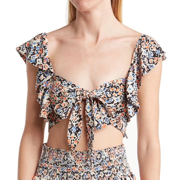 Maaji Glowy Flutter Sleeve Smocked Cover Up Crop Top - Picture 1 of 10